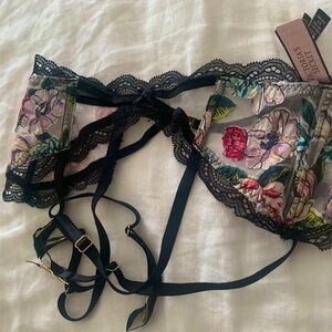 Victoria's Secret Black and Multicolor Floral Lace Garter Belt